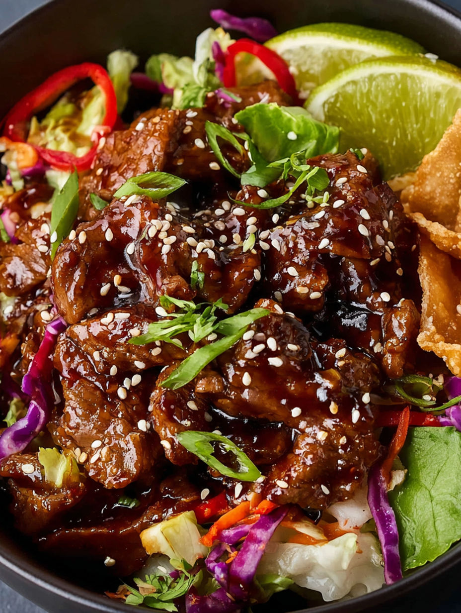 A plate of food with meat, vegetables, and sauce.