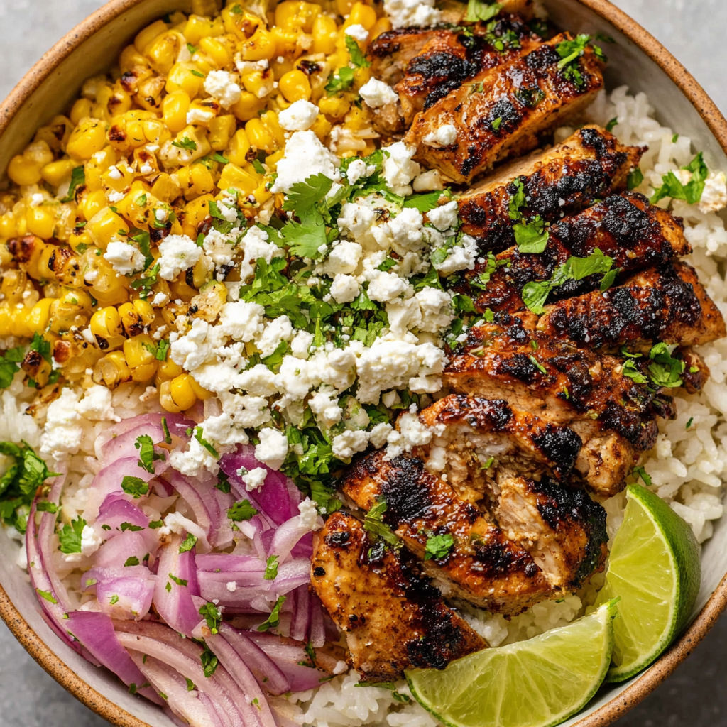 A bowl of food containing rice, chicken, corn, and onions.