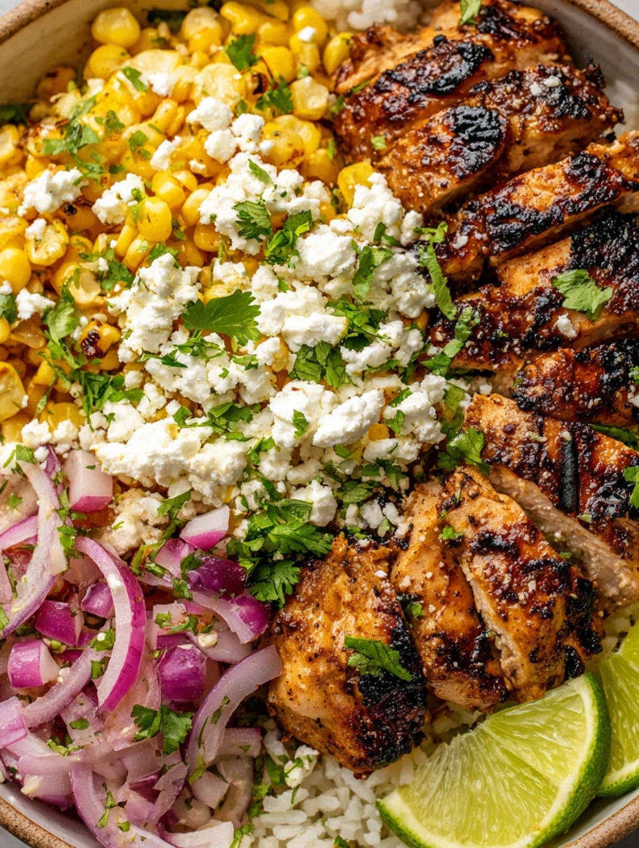 A plate of food with chicken, corn, onions, and cheese.