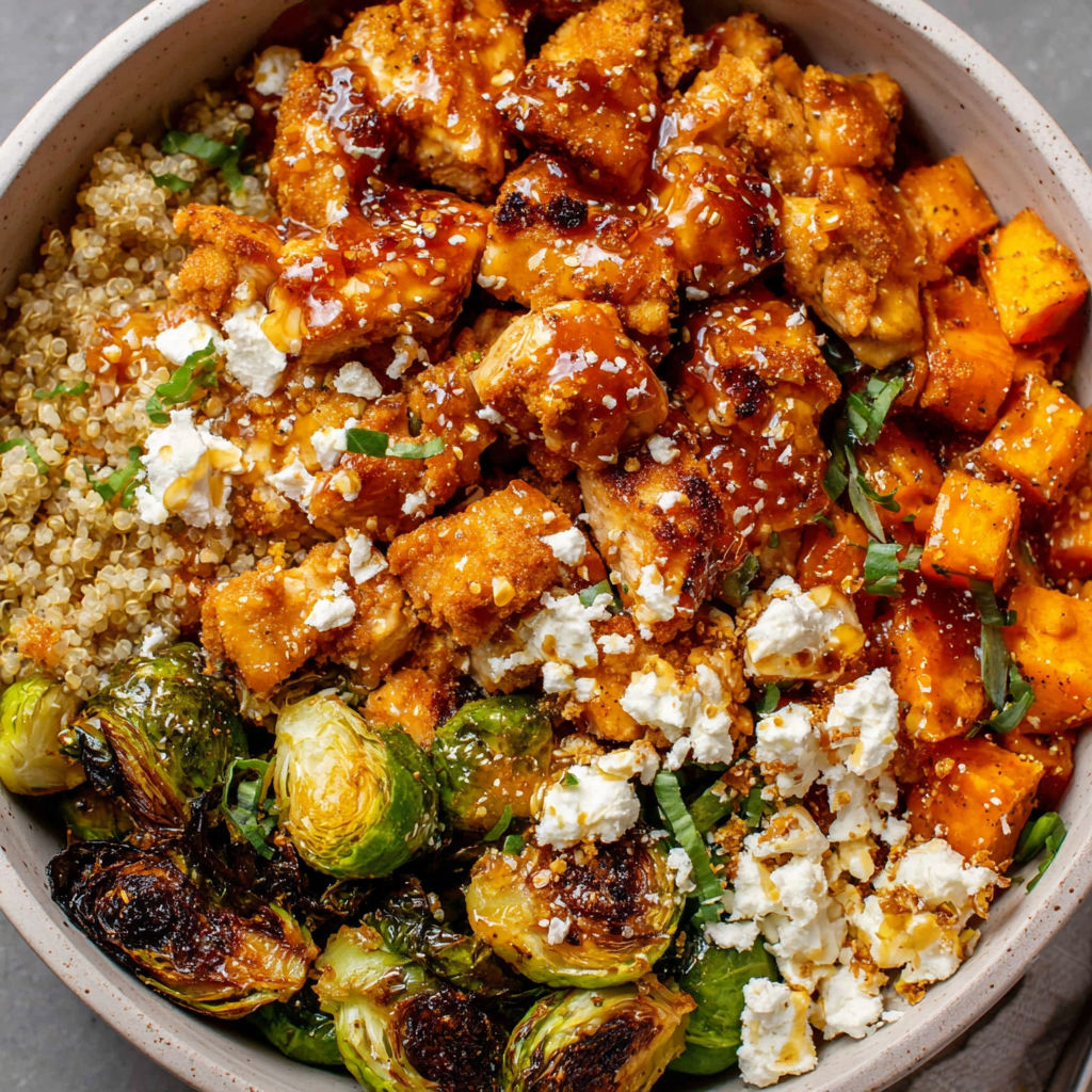 A bowl of food with chicken, rice, and vegetables.