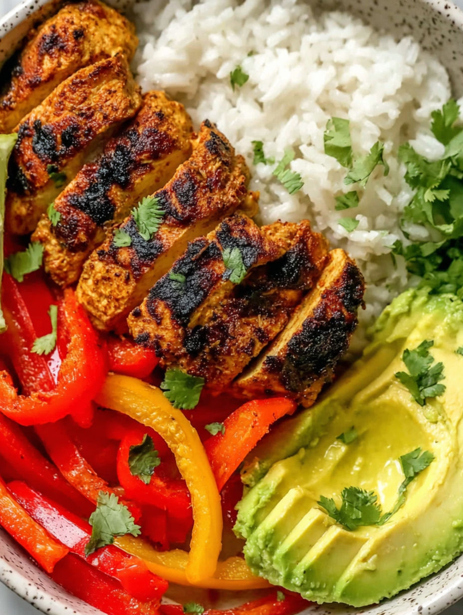 A plate of food with chicken, rice, and peppers.