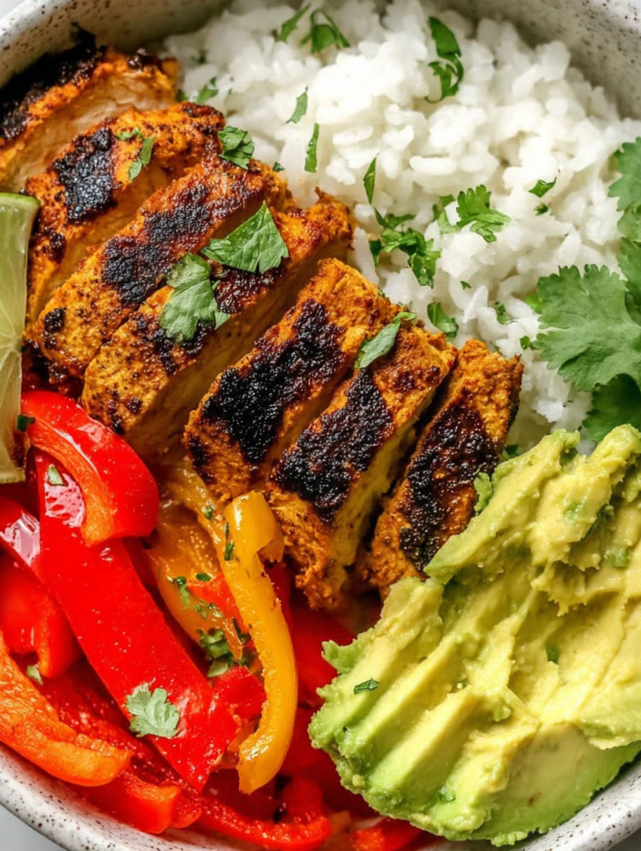 A plate of food with chicken, rice, and peppers.
