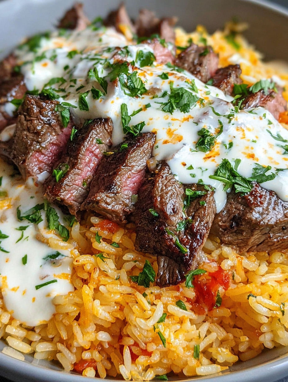 A plate of food with rice and meat.