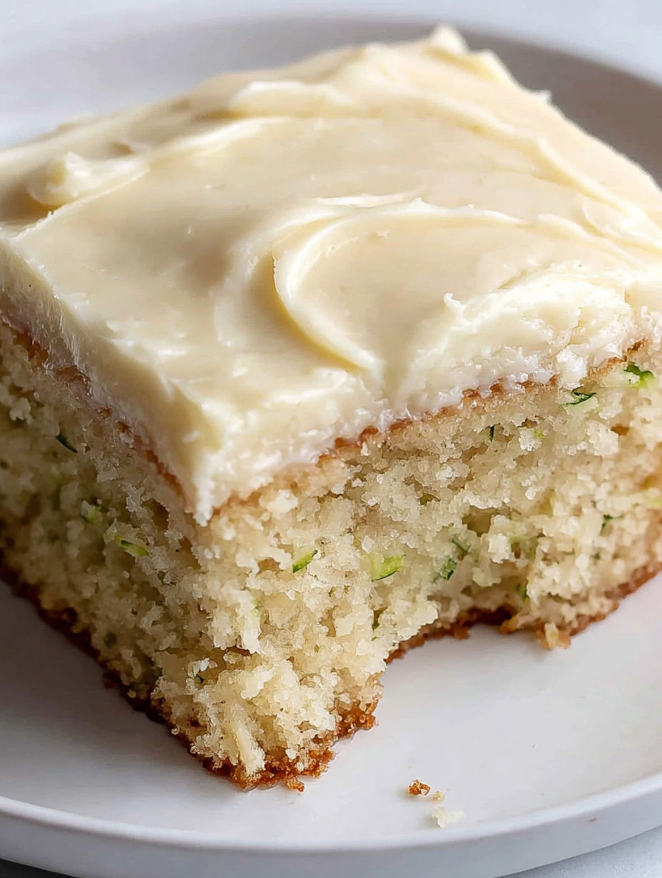 A slice of zucchini cake on a white plate.