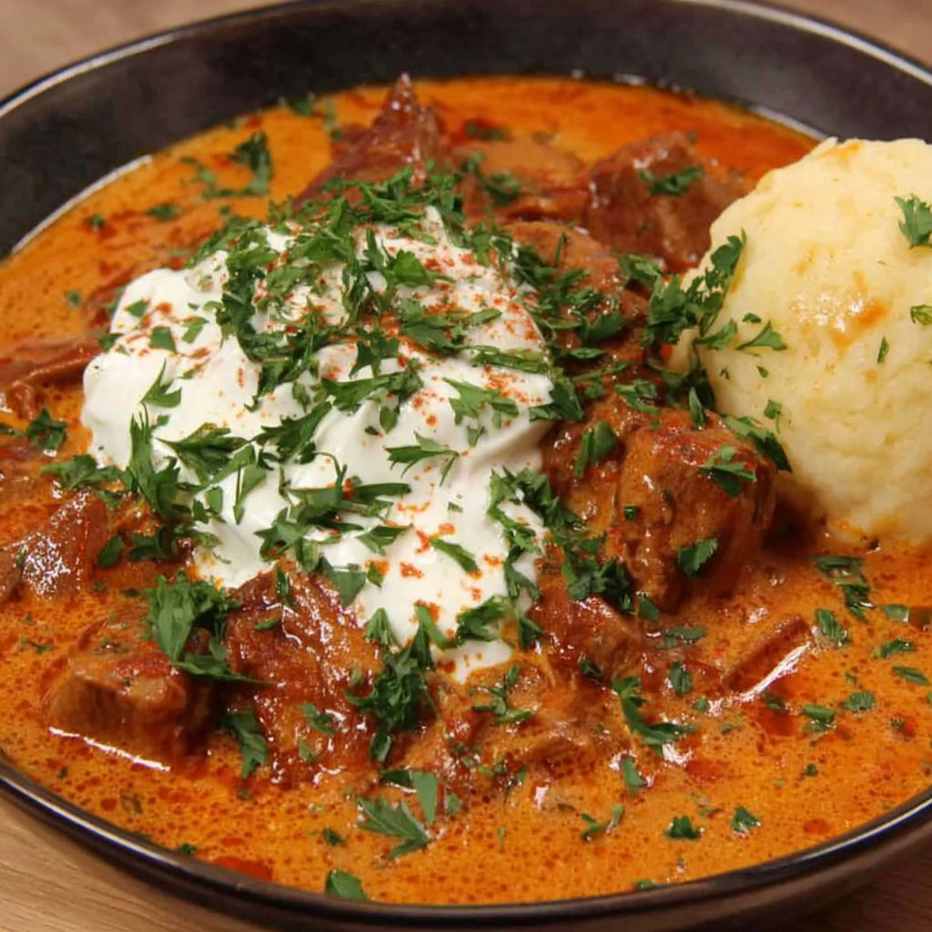 A bowl of meat and potatoes.