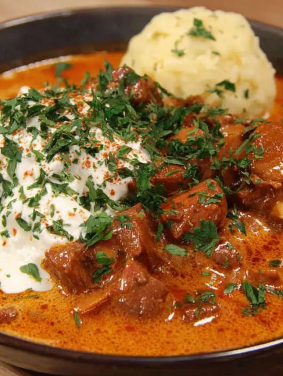 A bowl of Wiener Eierschwammerlgulasch.