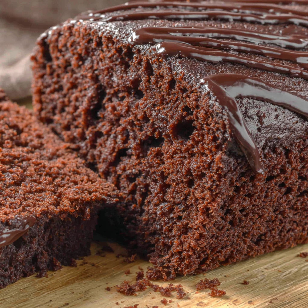 A slice of chocolate cake with chocolate drizzle on top.