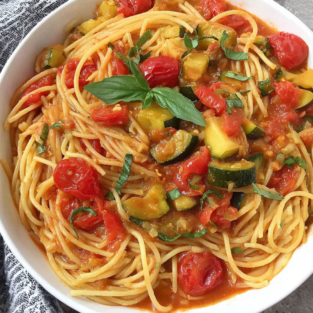 A bowl of pasta with tomatoes and zucchini.