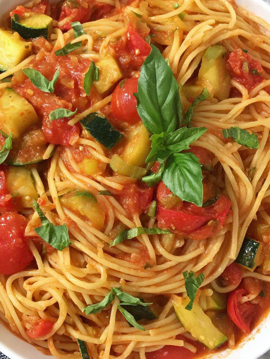 A close up of a bowl of spaghetti with tomatoes and basil.