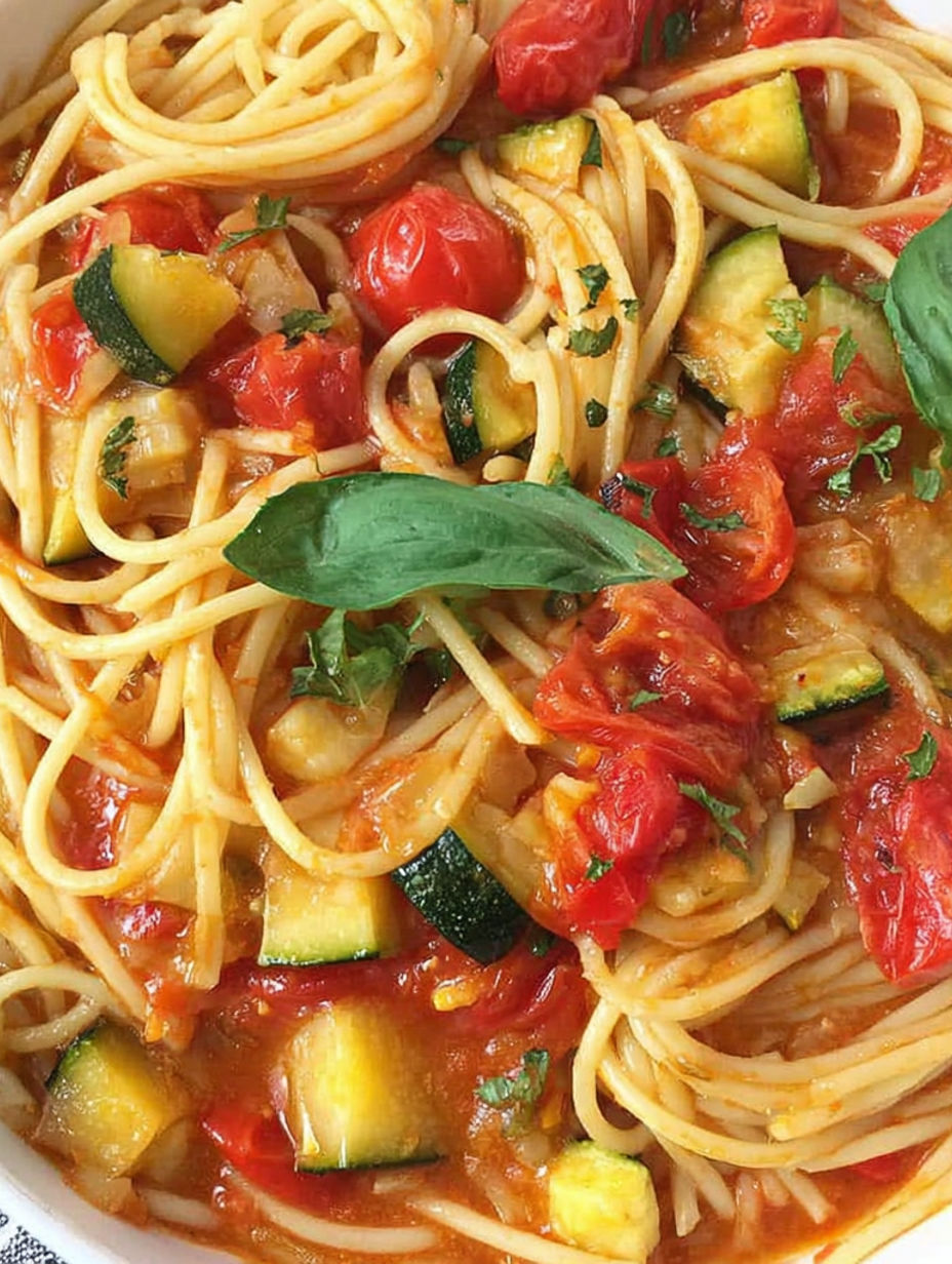 A close up of a bowl of spaghetti with tomatoes and zucchini.