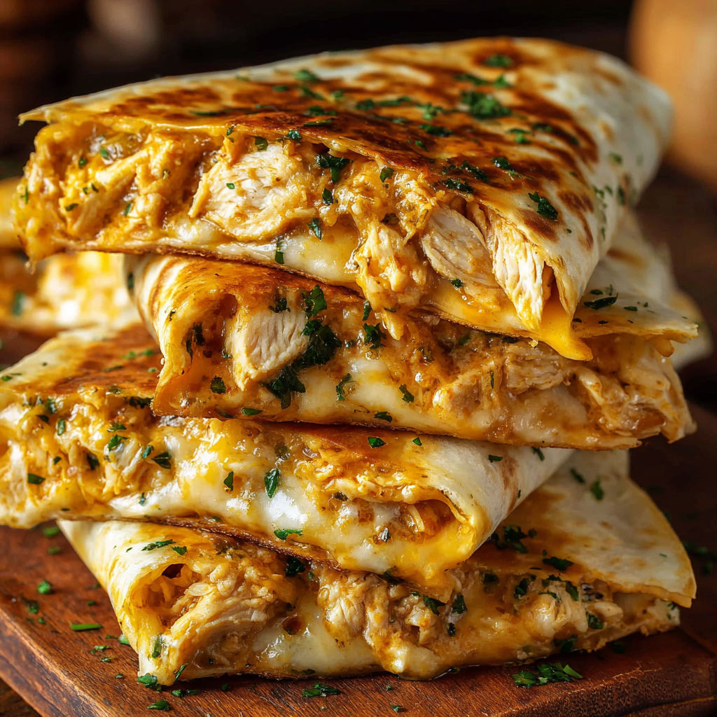 Stack of chicken wraps with cheese and herbs.