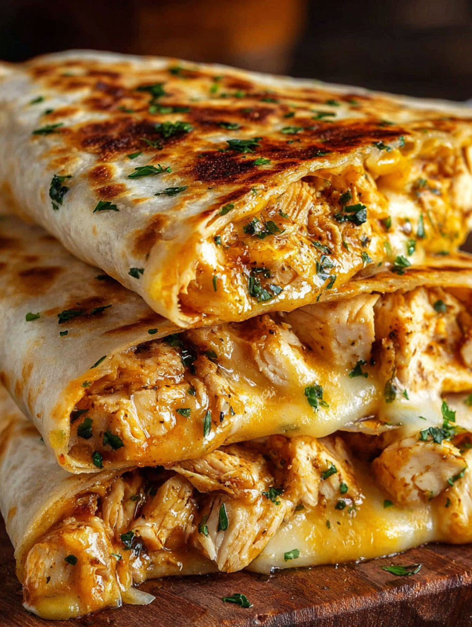 A stack of chicken wraps with cheese and parsley.