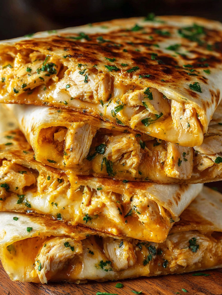 A stack of chicken wraps with green herbs.