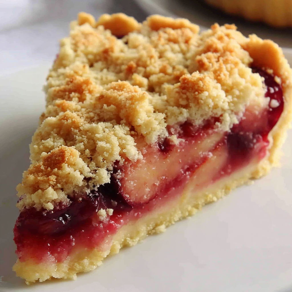 A slice of pflaumenkuchen with streuseln.