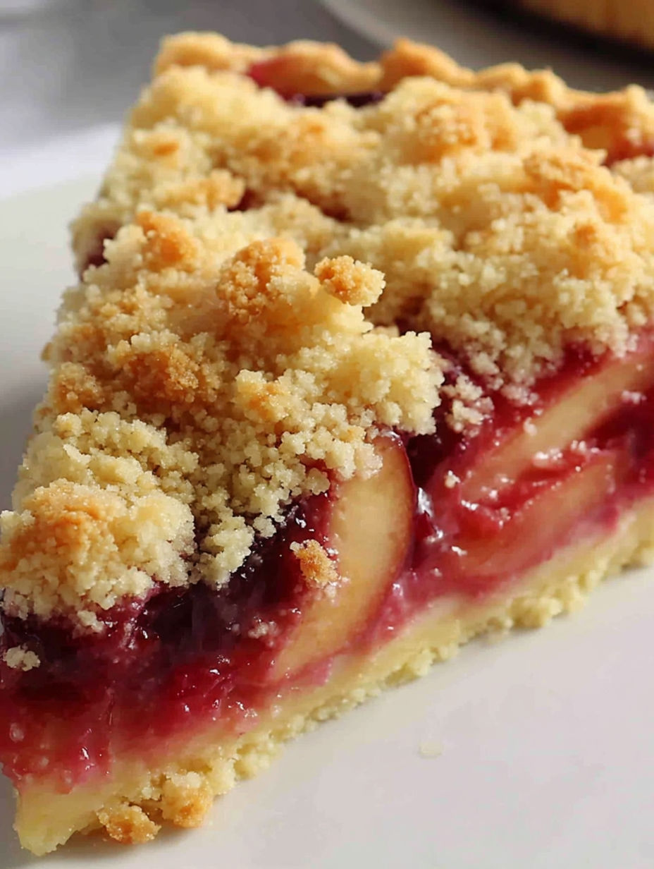 A slice of pie with a crumbly topping.