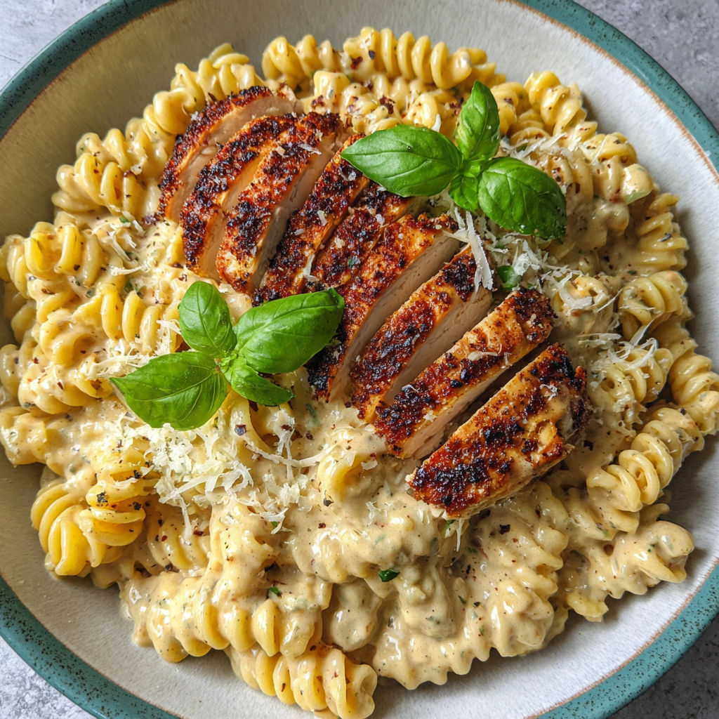 A bowl of pasta with chicken and spinach.