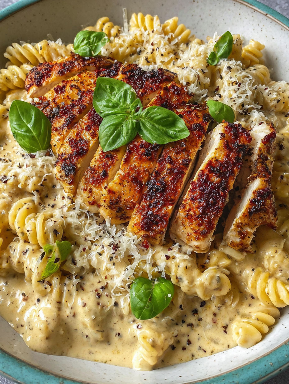 A plate of food with chicken and pasta.