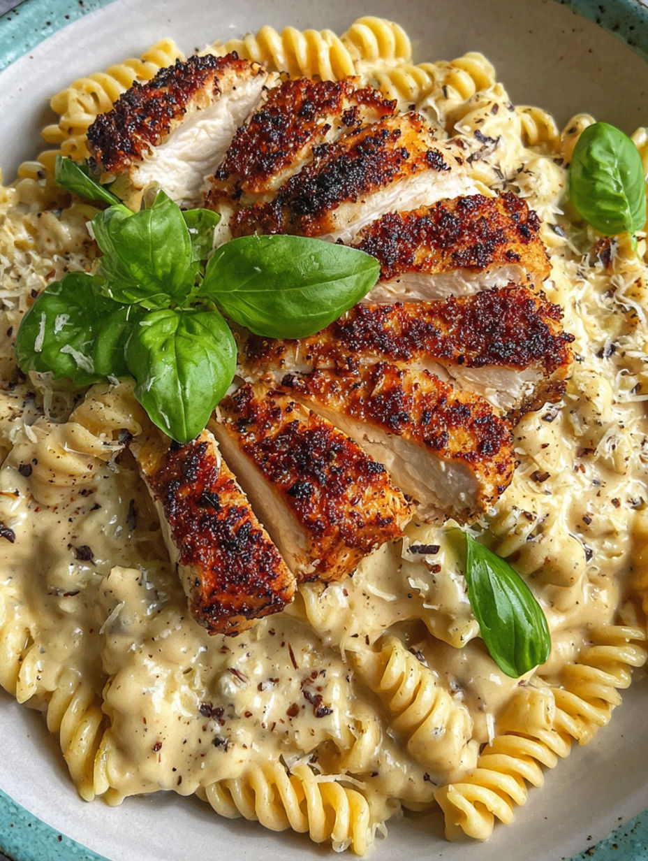 A plate of food with chicken and pasta.