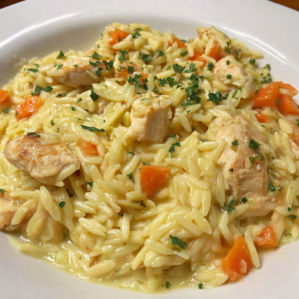 A plate of creamy chicken and rice.