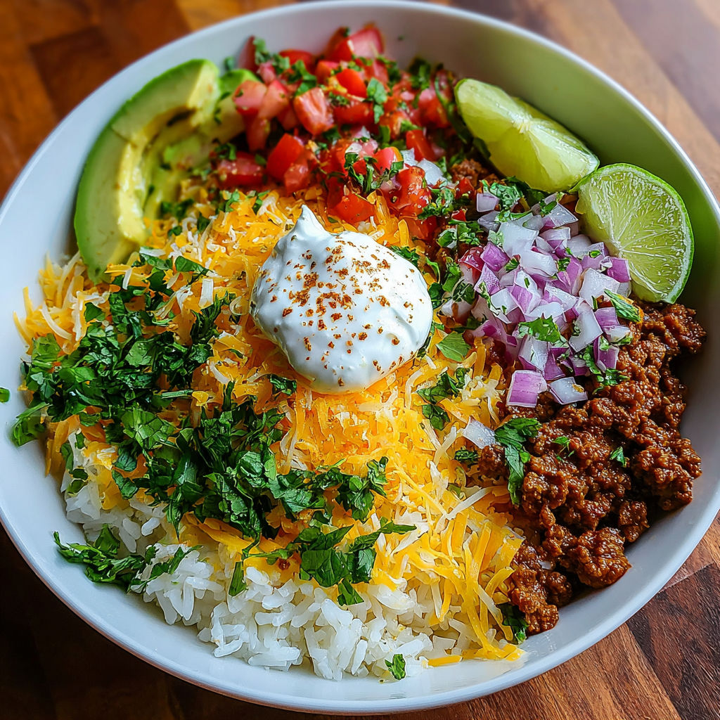 A taco rice bowl with various toppings.