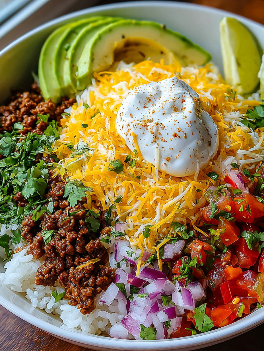 A bowl of food with rice, beans, cheese, and salsa.
