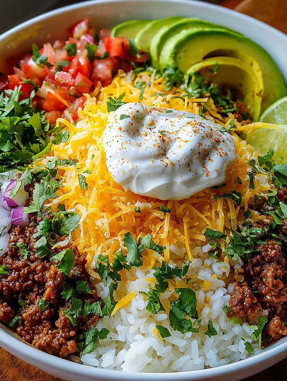 A bowl of food with rice, cheese, and tomatoes.