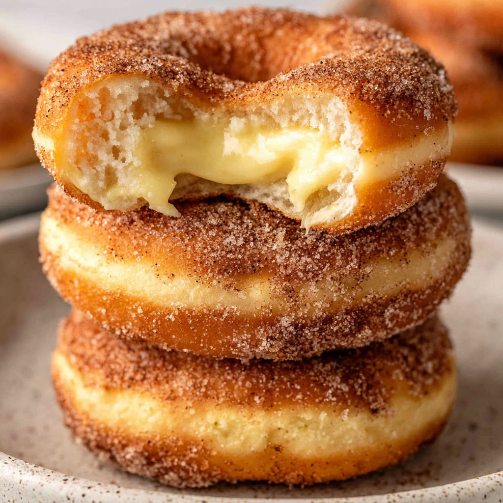 A stack of churro cheesecake donuts.