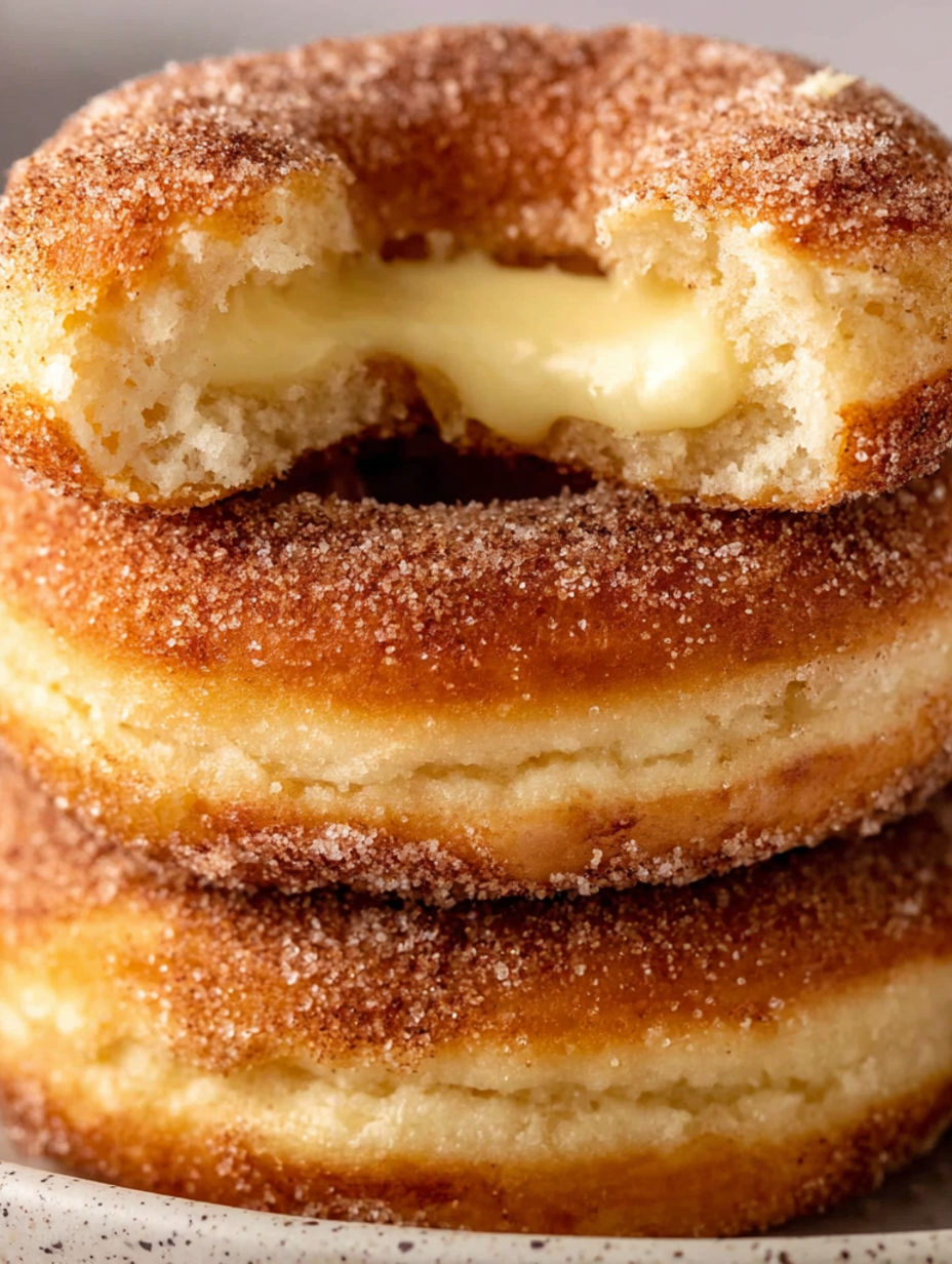 A stack of doughnuts with a bite taken out of one.