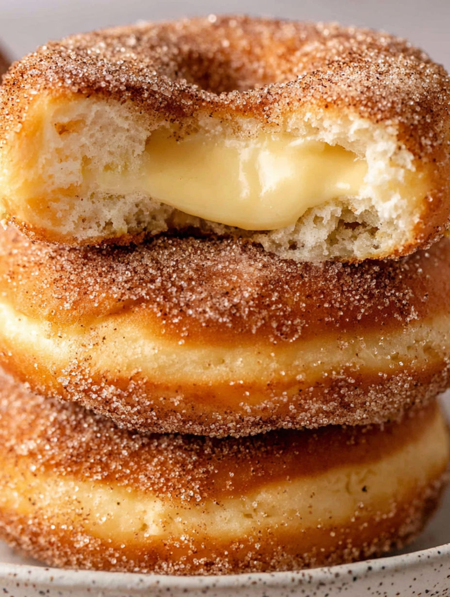 A stack of donuts with sugar on top.