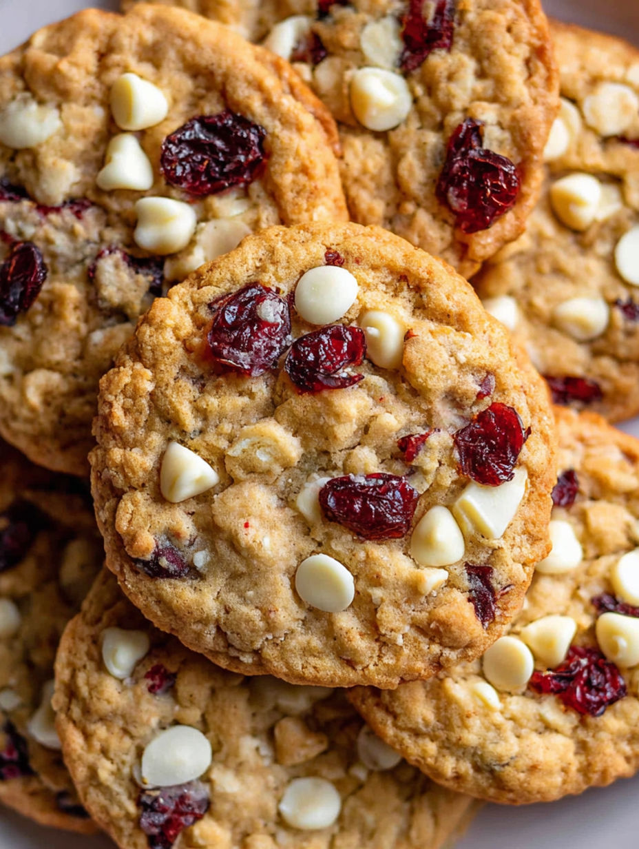 A close up of a cookie with white chocolate and red berries.