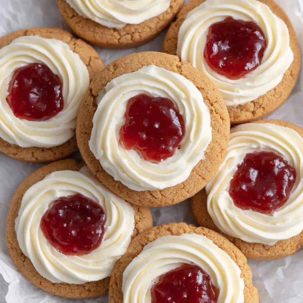 A plate of cookies with jelly in the middle.