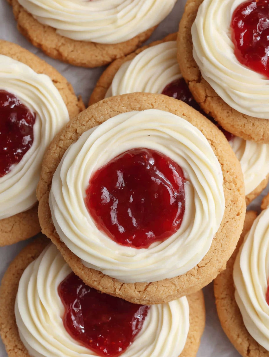 A close up of a cookie with a red jelly filling.