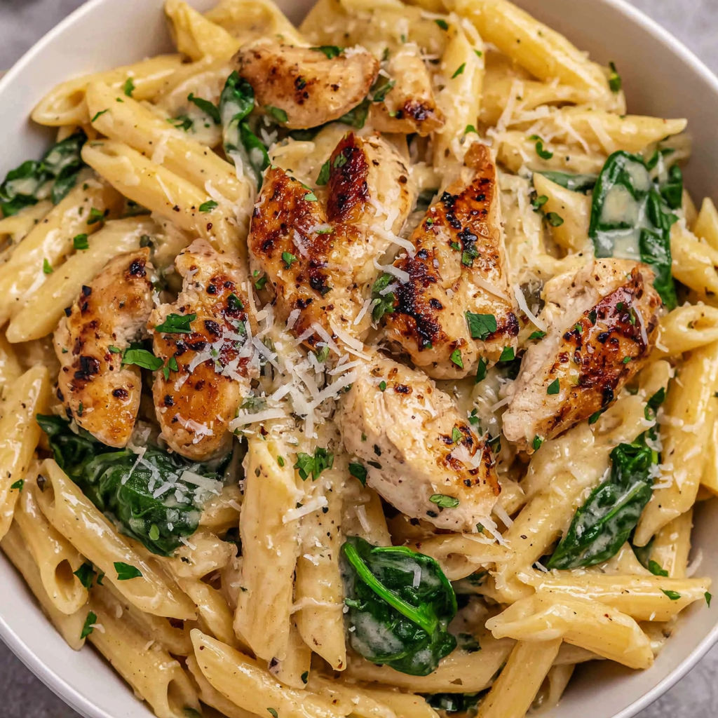 A bowl of pasta with chicken and parmesan cheese.