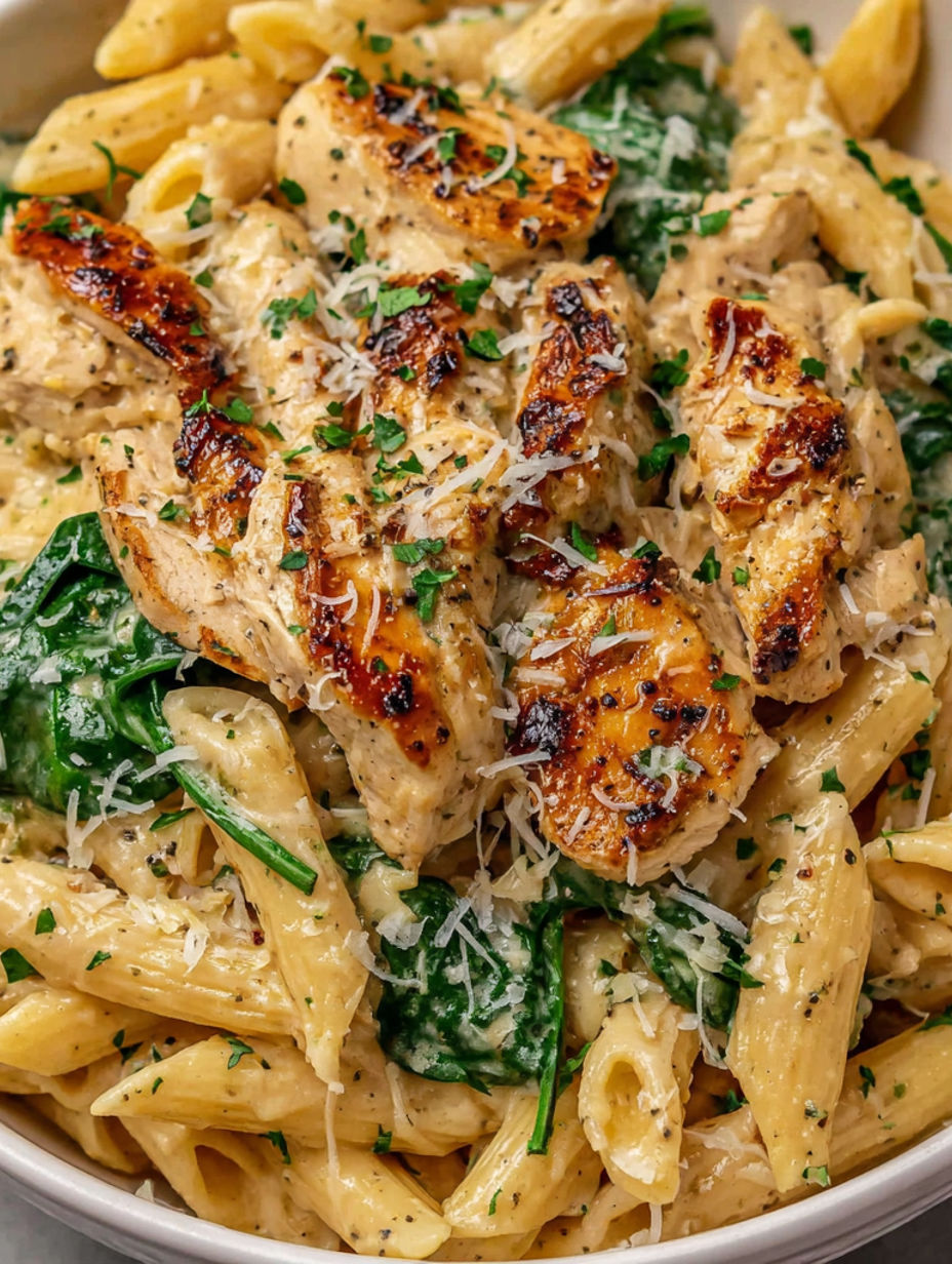 A plate of pasta with chicken and parmesan cheese.
