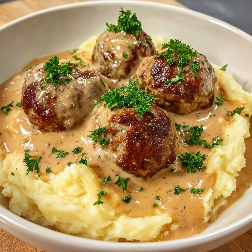 A bowl of food with meatballs and potatoes.