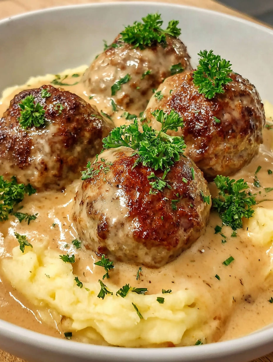 A plate of meatballs in a creamy sauce with mashed potatoes.