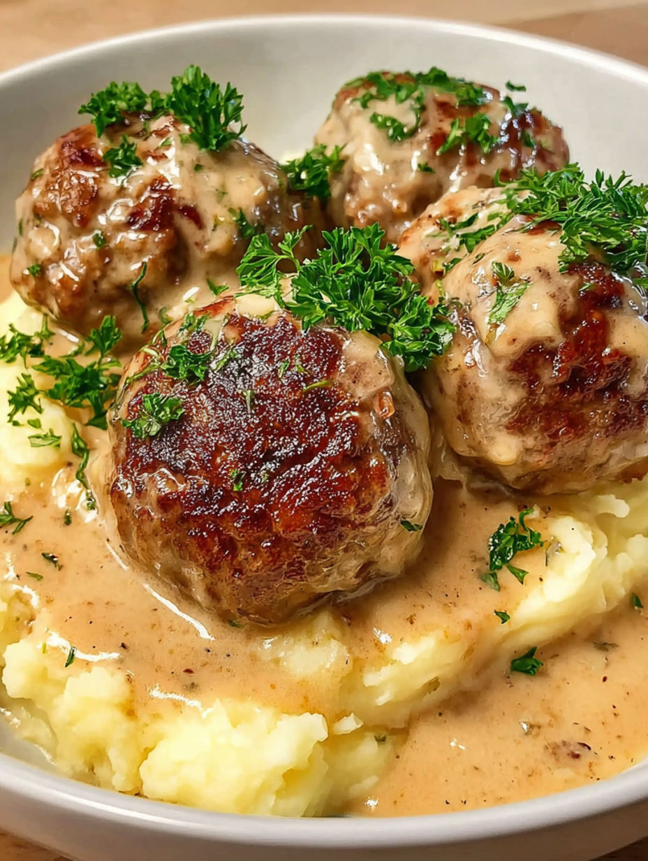 A plate of meatballs in a creamy sauce with mashed potatoes.