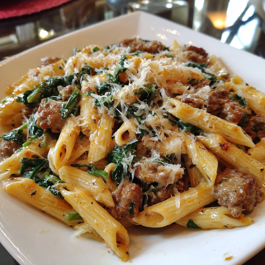 A plate of pasta with meat and spinach.