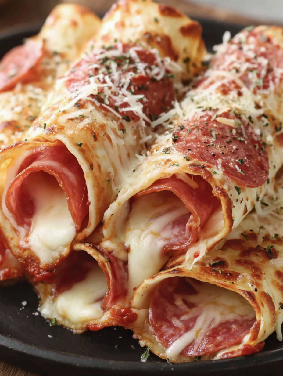 A plate of pepperoni pizza roll ups.