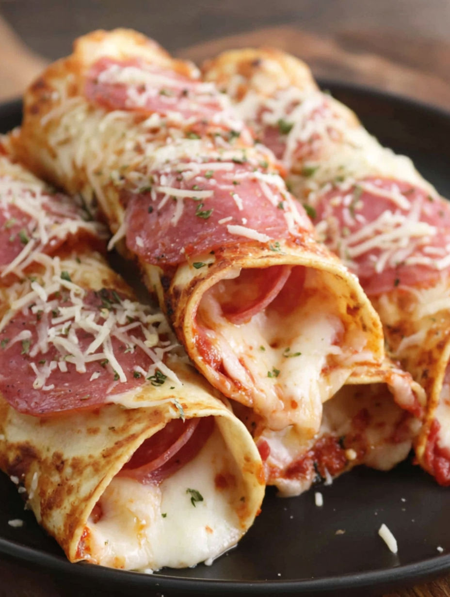 A plate of pepperoni pizza roll ups.