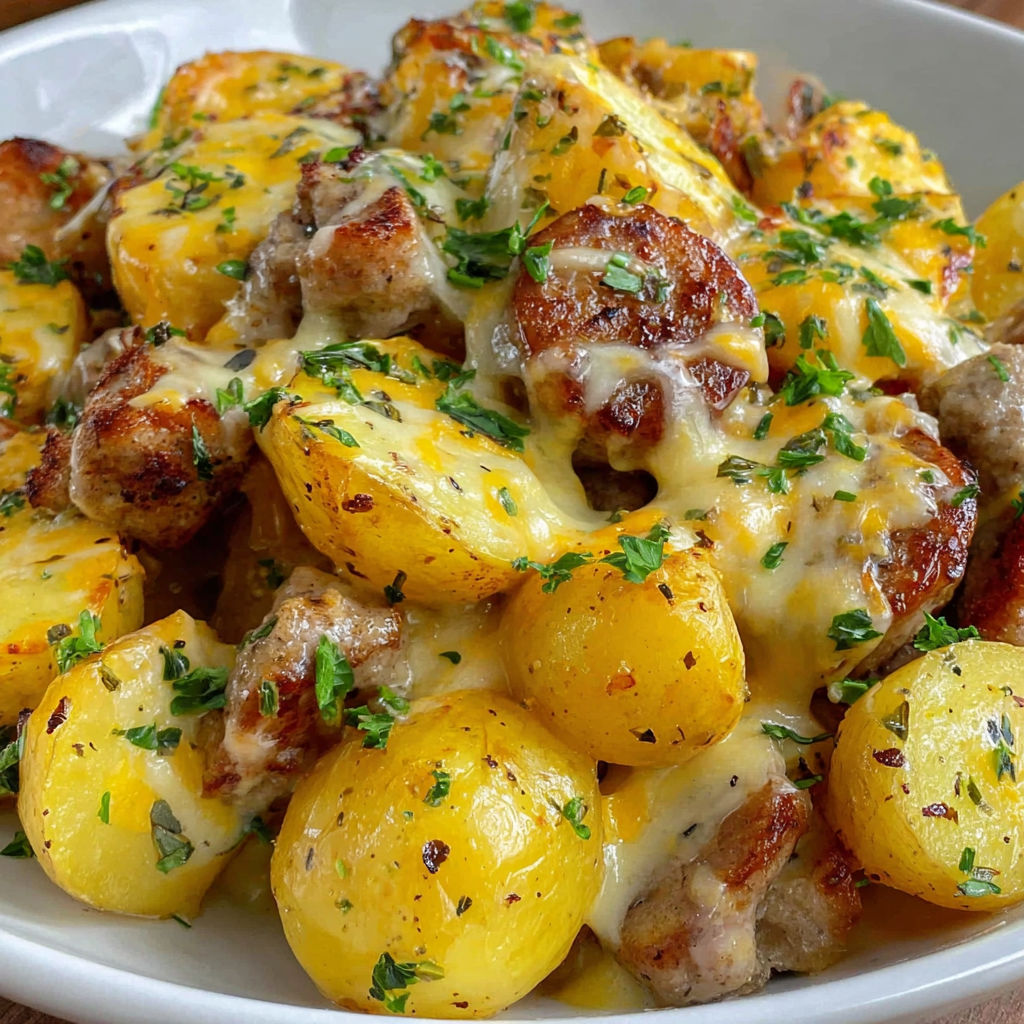 A plate of cheesy ranch potatoes and sausage.