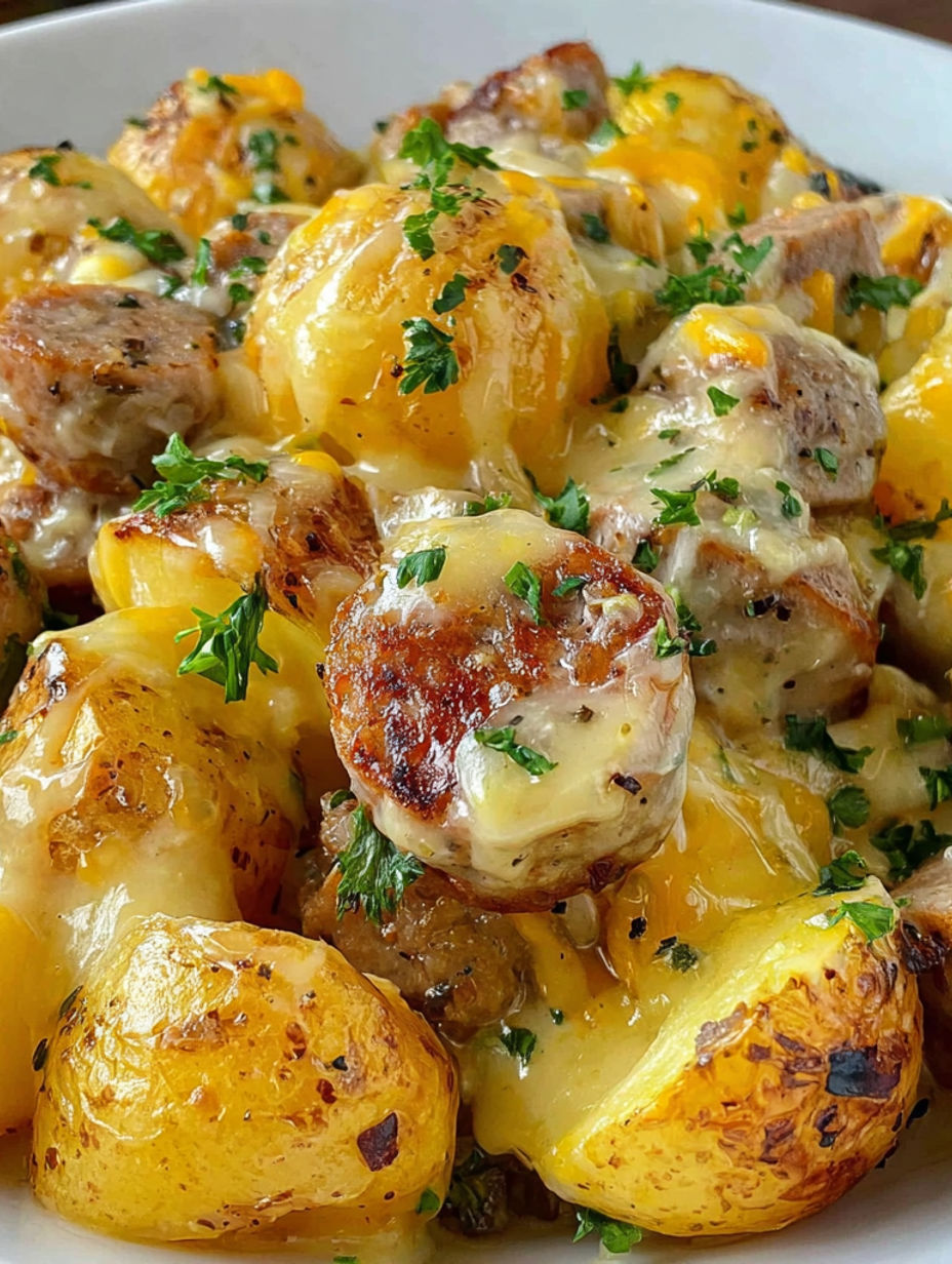 A dish of food with potatoes and meat.