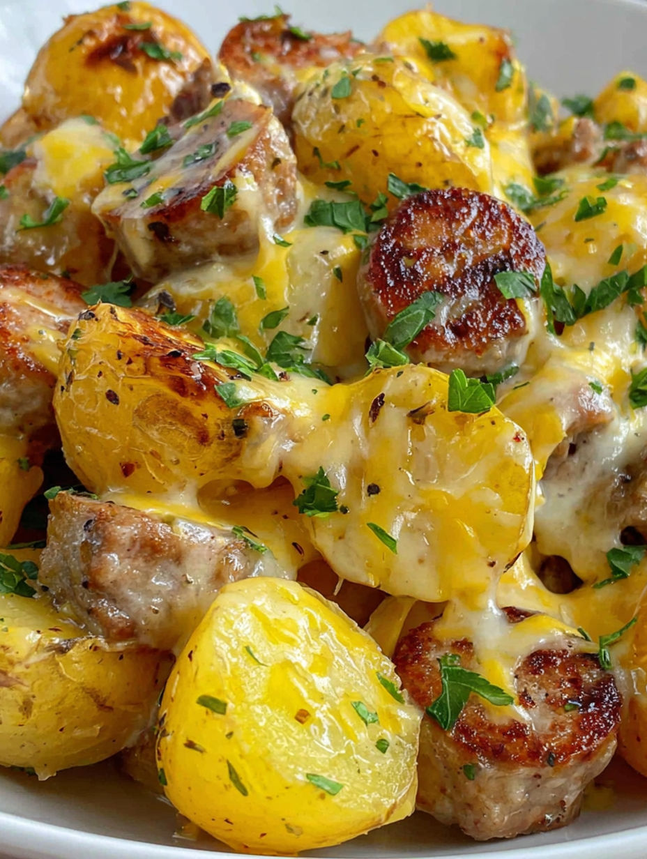 A plate of food with sausage, potatoes, and cheese.