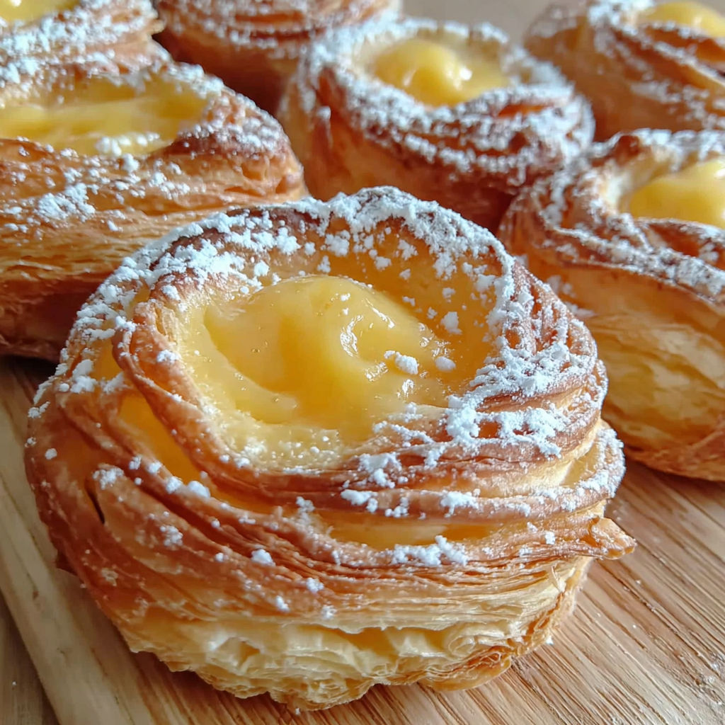 Peach Pie Cruffins on a wooden table.