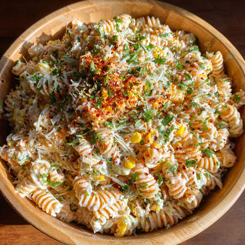 A bowl of pasta salad with corn and cheese.