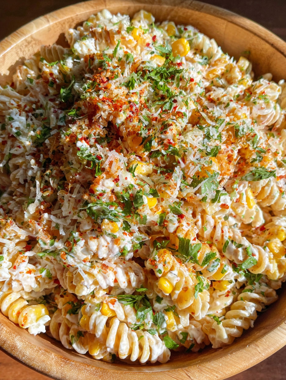A bowl of pasta with corn and cheese.