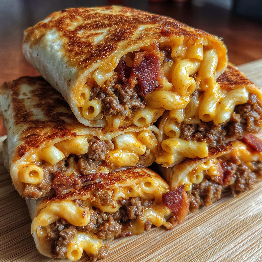 A stack of mac and cheese bacon burger rolls.