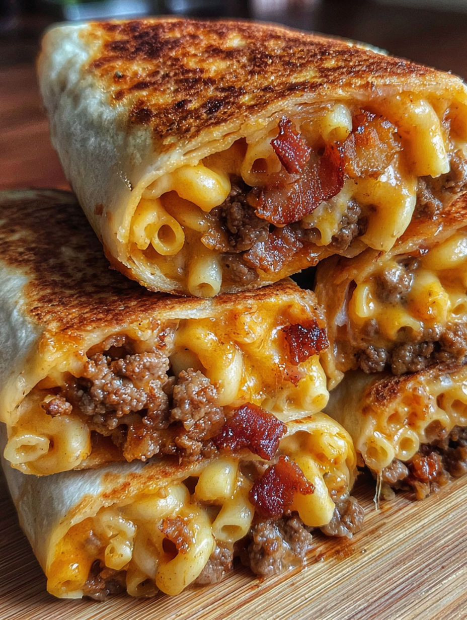 A burrito with bacon and macaroni.