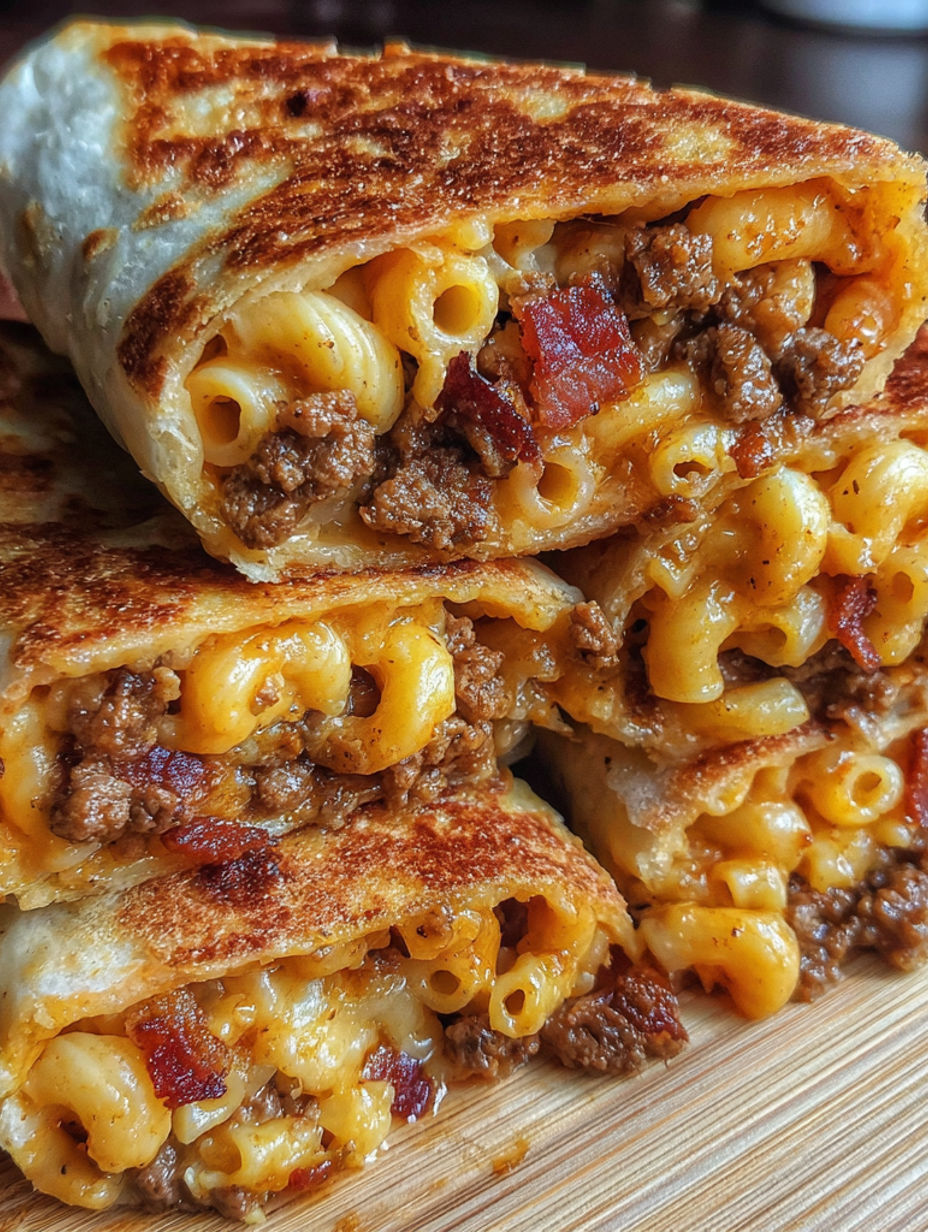 A stack of sandwiches with macaroni and cheese.