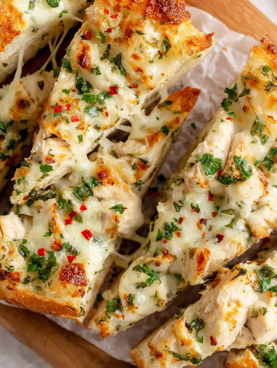 A slice of chicken Alfredo knoblauchbrot.